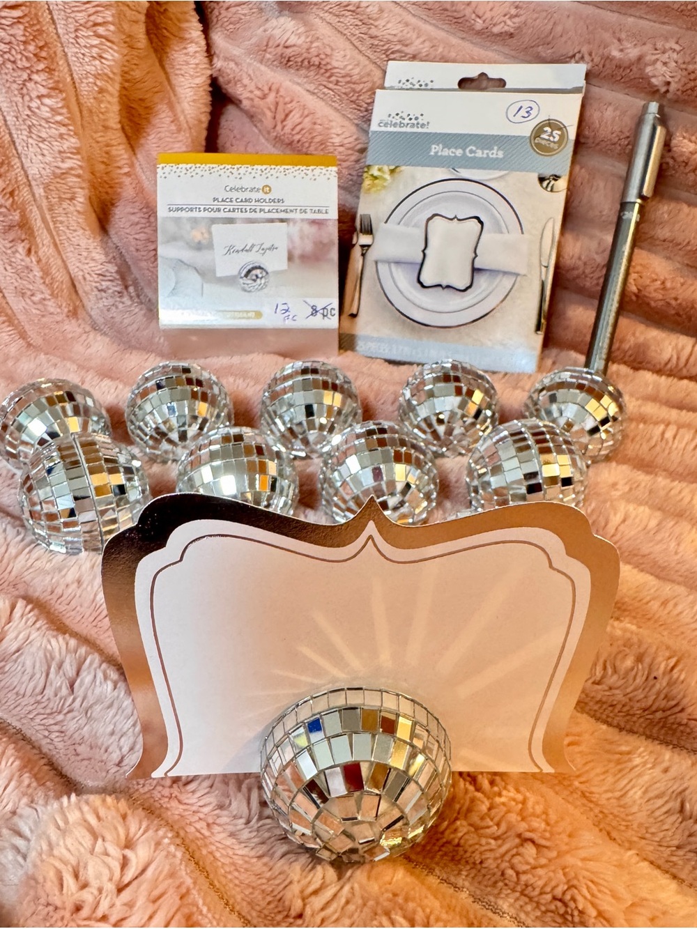 Disco Ball Place Card Holders with Cards & Silver Felt Pen